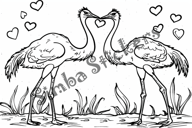 Colouring pages, bundle of ostriches in love, 25 images