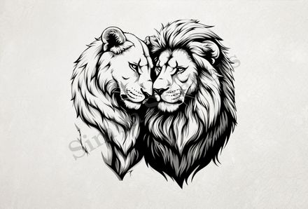 Lion leaning into  lioness, cuddling, outline art