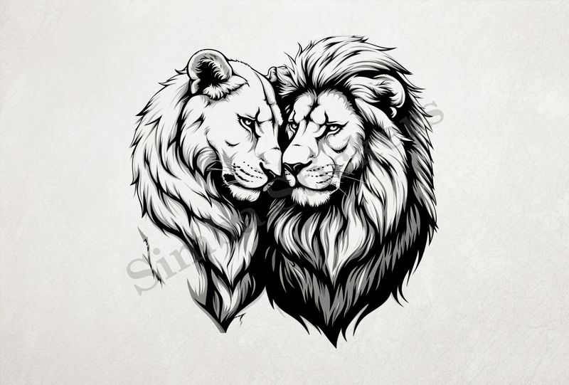 Lion leaning into  lioness, cuddling, outline art