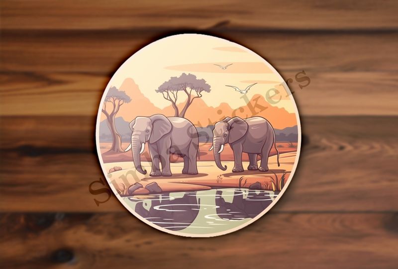 Two elephants at a pond in the Savanna