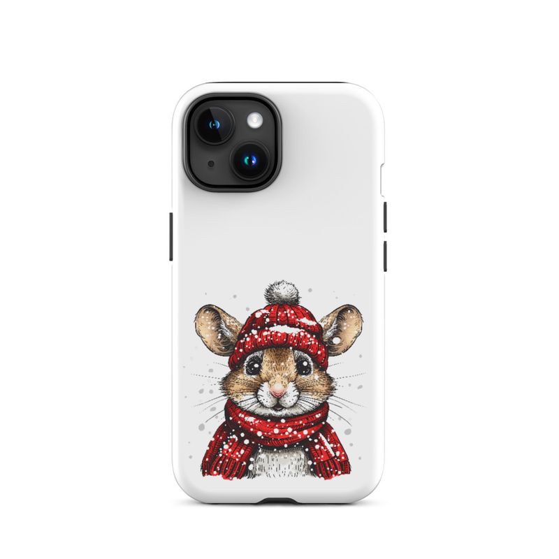Tough Case for iPhone, Mouse wearing red winter hat and scarf in the snow, xg8dl3