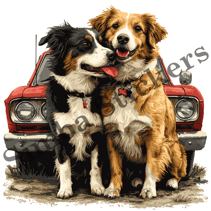 Dogs snuggling by car, watercolour, image set, 10 images
