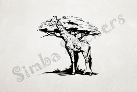 Giraffe in front of tree in the Savanna, outline art