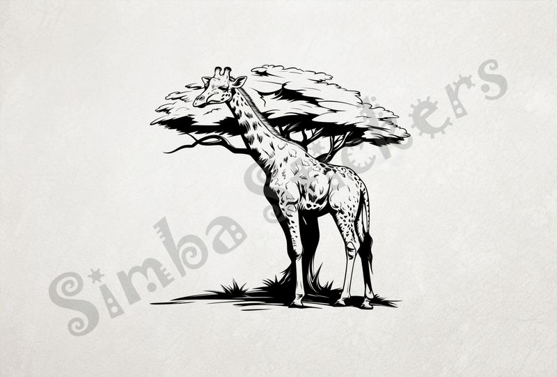 Giraffe in front of tree in the Savanna, outline art