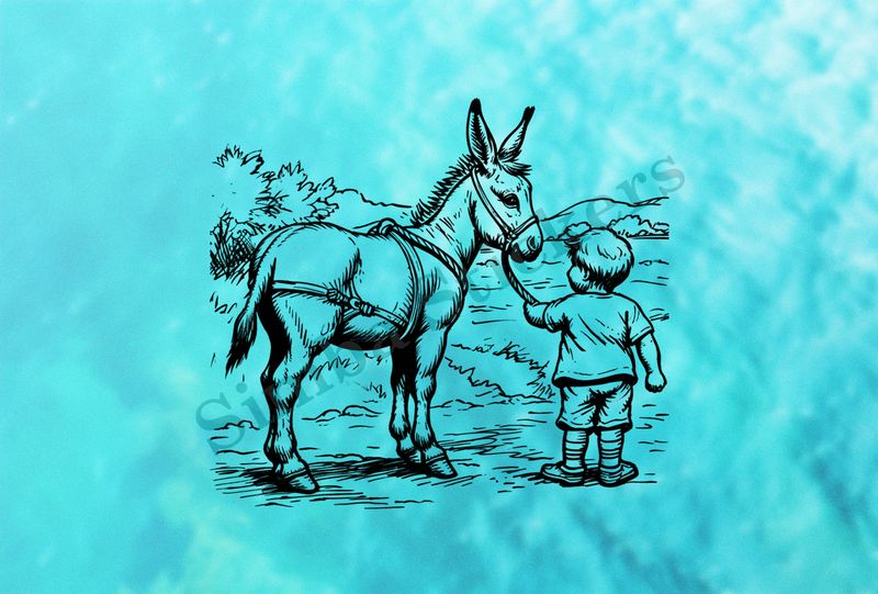Donkey led on a rope by a small boy out in the open, outline art