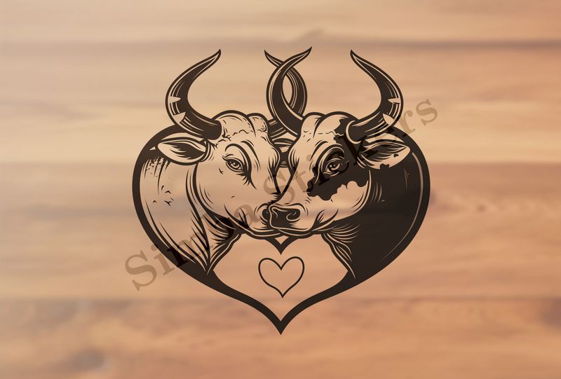 Cattle,  cheek-to-cheek, in heart frame, outline art