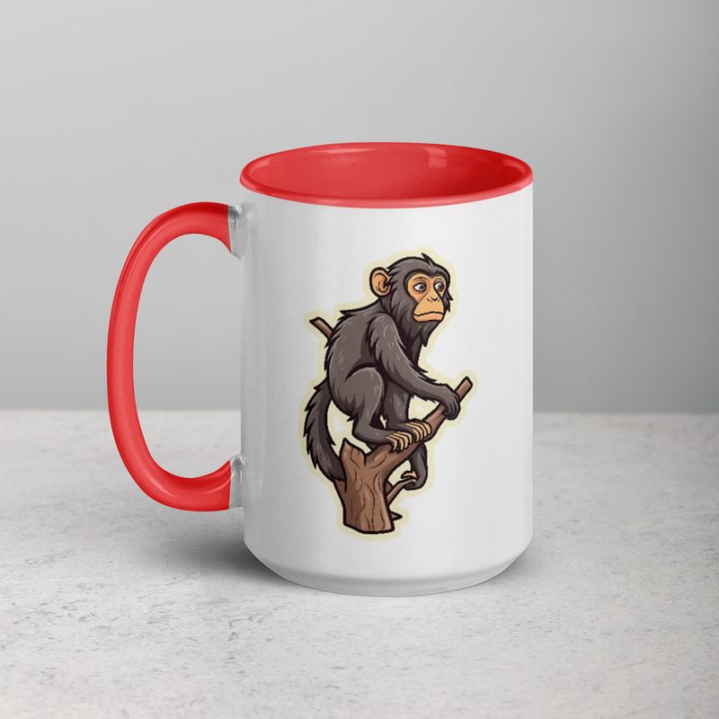 White Ceramic Mug with Color Inside, 11oz &amp; 15oz, Baboon on a tree, looking sad, head-to-head