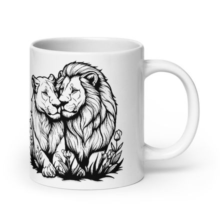 White Glossy Mug, 20oz, Male lion with lioness, outline art, u5voyg 