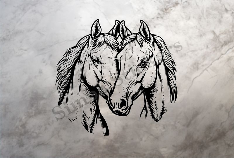 Horses in love, bust, outline art
