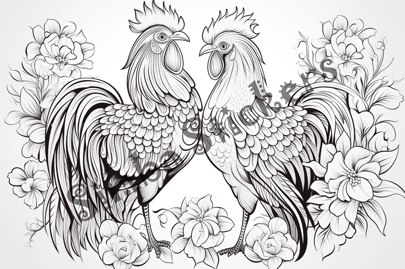 Colouring pages, bundle of chicken in love, mostly in flowers, 10 images