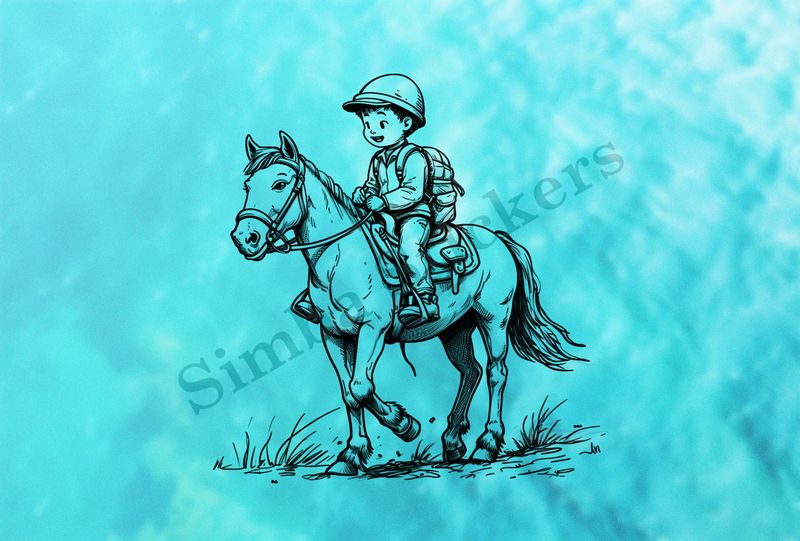 Horse carrying a small Asian boy, outline art