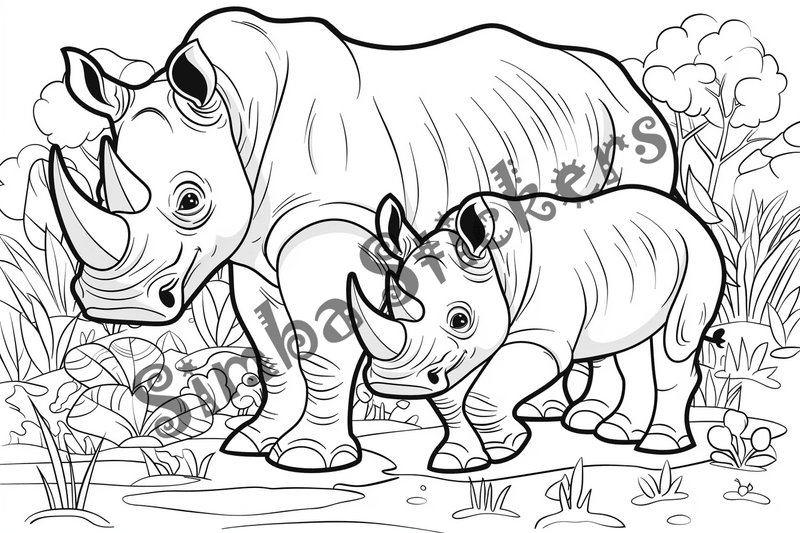 Colouring pages, bundle of rhinos, 10 images
