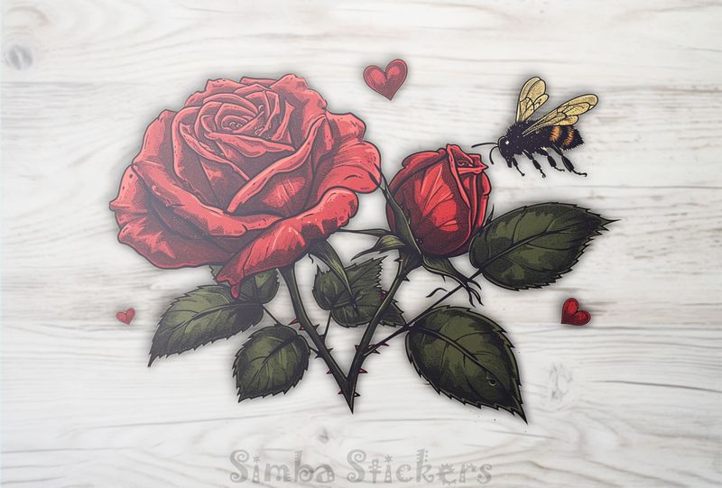 Bee approaching a red rose flower