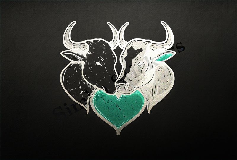 Bull and cow, romantic, with large heart,  outline art