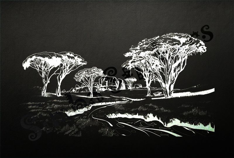 African Savanna landscape, stream in foreground, outline art
