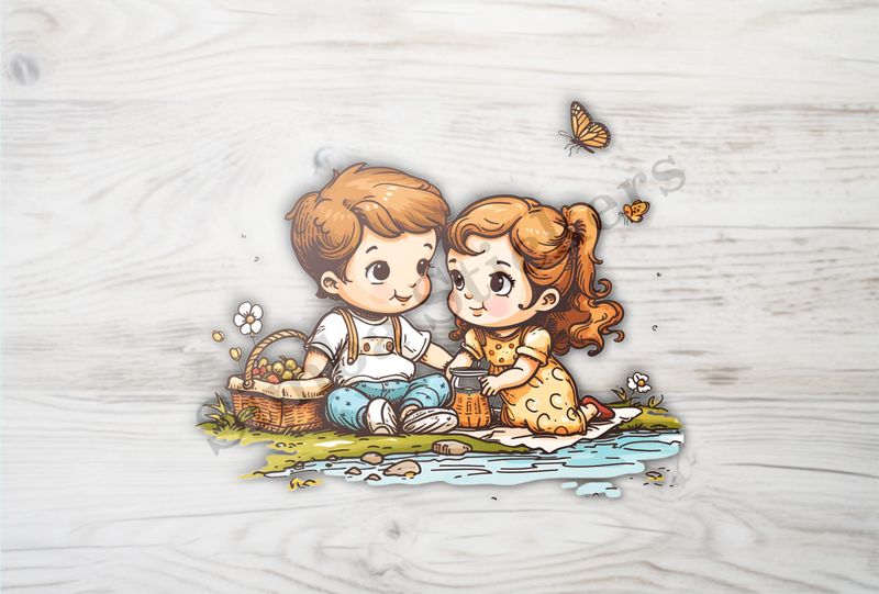 Boy and girl with a picnic basket by a pond