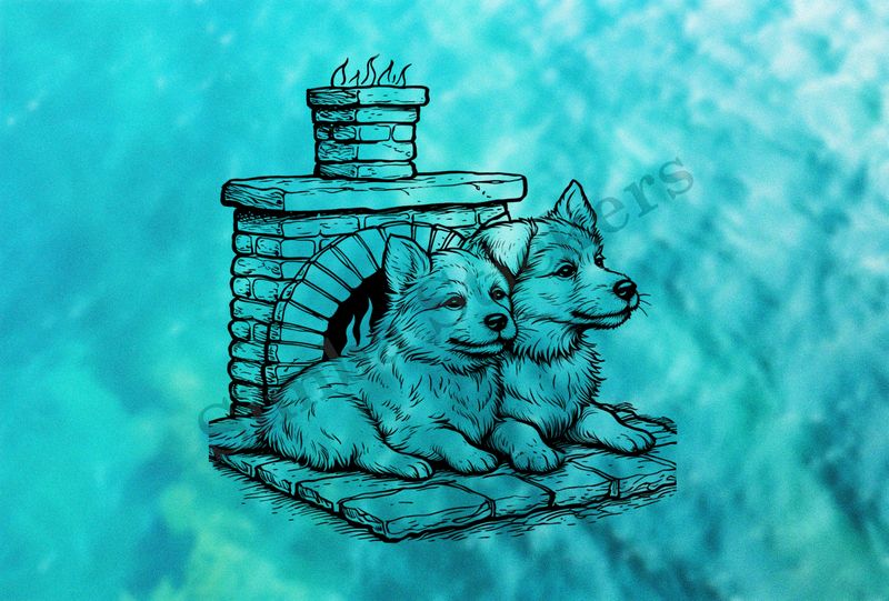 Dogs cuddling by a fireplace, romantic, outline art
