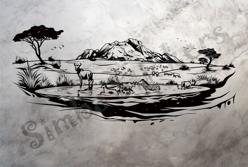 African Savanna landscape, animals at pond, outline art