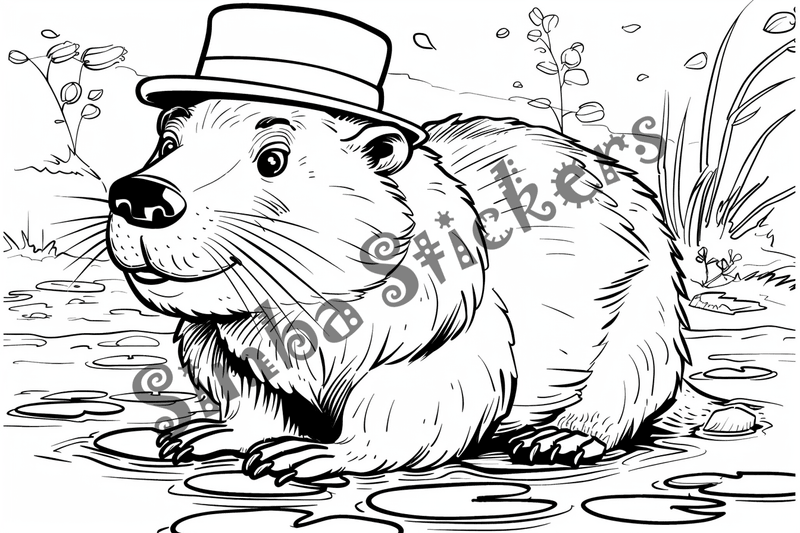 Colouring pages, bundle of beavers in top hat, 10 images