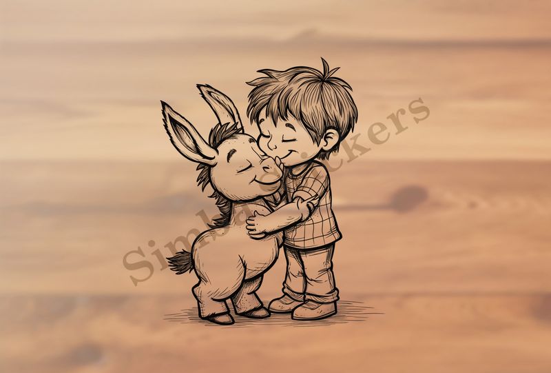 Small donkey hugging a small boy, outline art