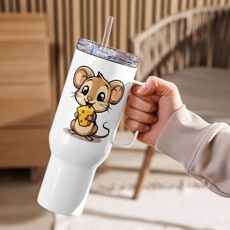 Travel Mug, Cattle, Small Mouse happily licking large chunk of cheese, pqapy6
