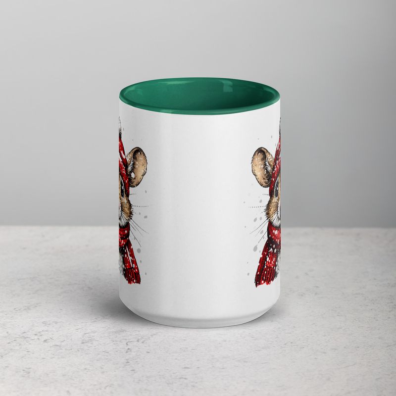 White Ceramic Mug with Color Inside, 11&amp;15oz, Mouse wearing red winter hat and scarf in snow, xg8dl3
