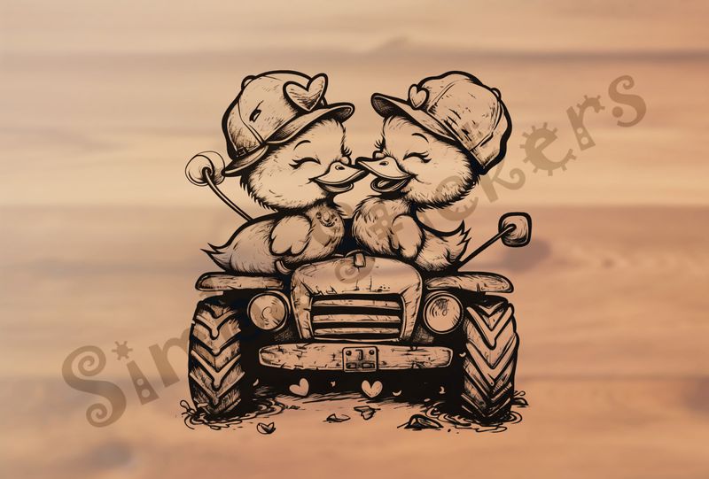Ducklings in farmer&#x27;s hats beak-to-beak on tractor outline art