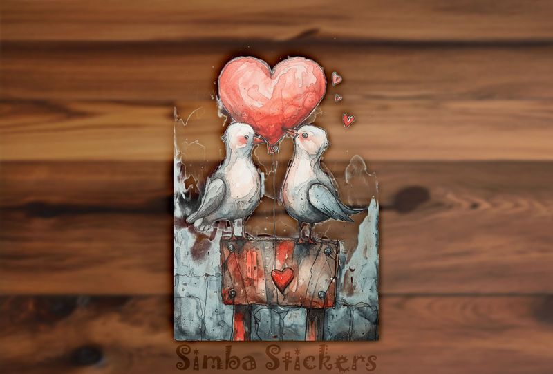 Seagulls on either side of a Valentine&#x27;s heart balloon, watercolour, wm9x53