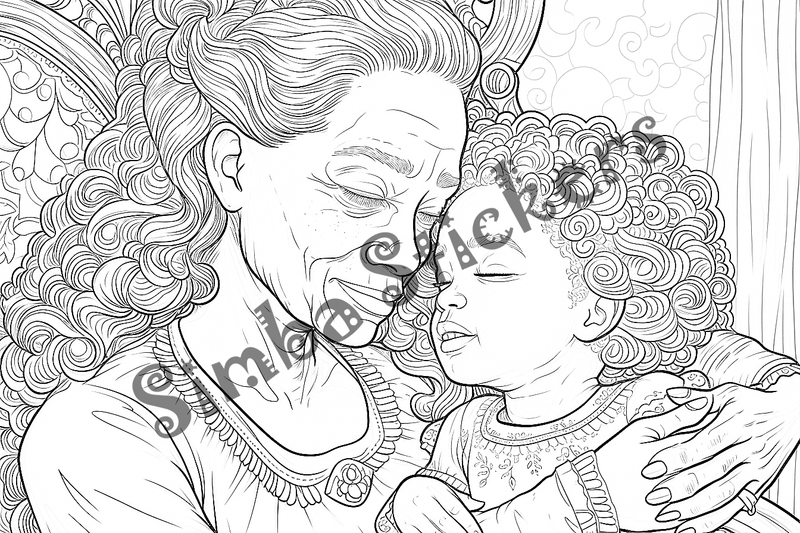 Colouring pages, bundle of people, grandmother with child, 10 images