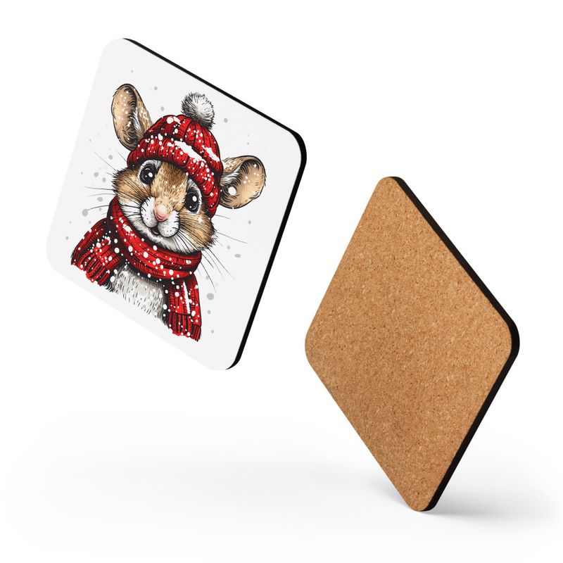 Cork-Back Coaster, Mouse wearing red winter hat and scarf in the snow, xg8dl3