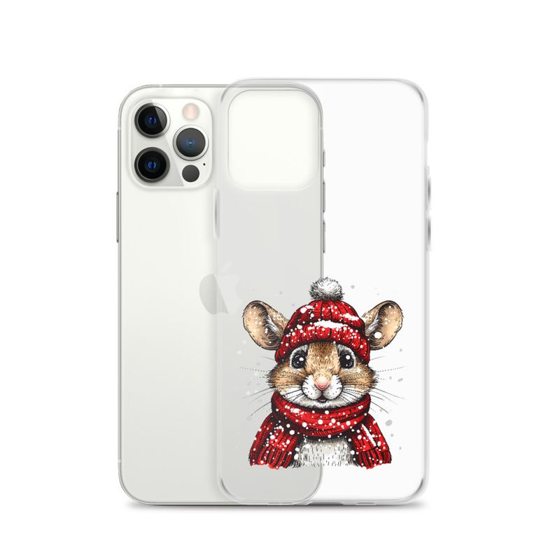 Clear Case for iPhone, Mouse wearing red winter hat and scarf in the snow, xg8dl3
