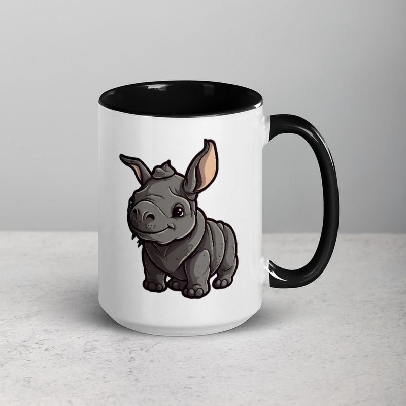 White Ceramic Mug with Color Inside, 11oz &amp; 15oz, Black rhino calf looking cute 