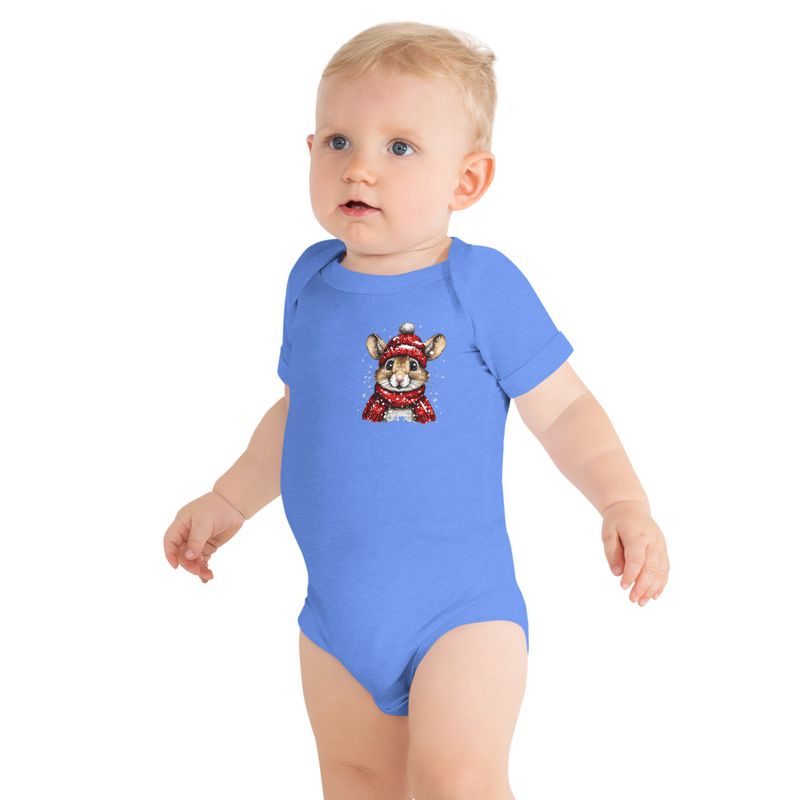 Baby Short Sleeve One Piece, 3-24 Months, Mouse wearing red winter hat and scarf, xg8dl3, left chest