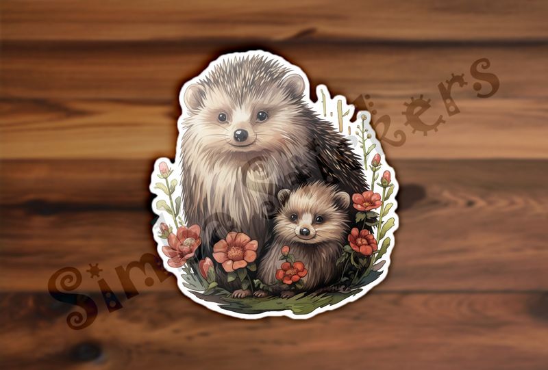 Porcupine mother with child amongst flowers