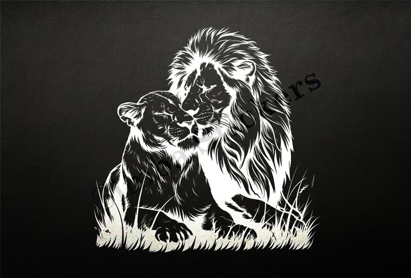 Lion leaning into cuddling lioness,  outline art