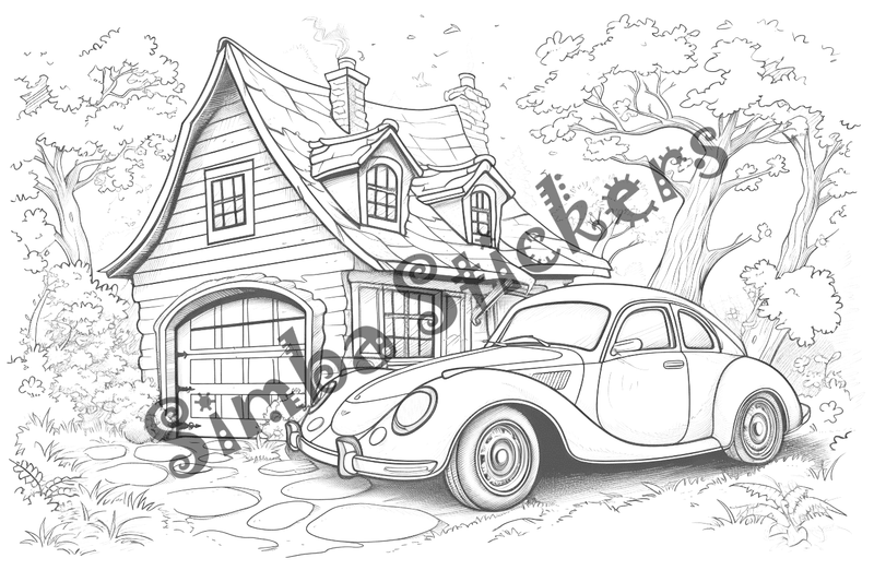 Colouring pages, bundle of houses with car in front, 10 images