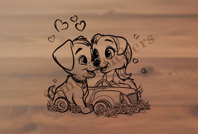 Dogs in love sitting over classic sports car toy, outline art
