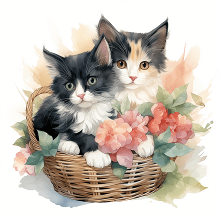 Japanese Bobtail cats cuddling in basket, image set, 10 images