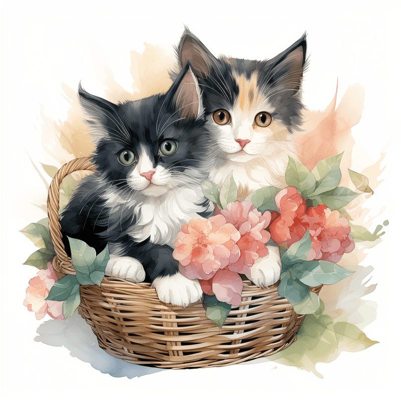 Japanese Bobtail cats cuddling in basket, image set, 10 images