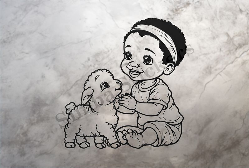 Sheep lamb looking up to small boy of African origin, outline art