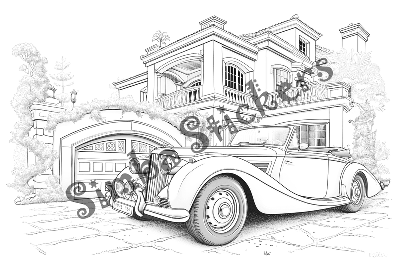 Colouring pages, bundle of houses with car in front, 10 images