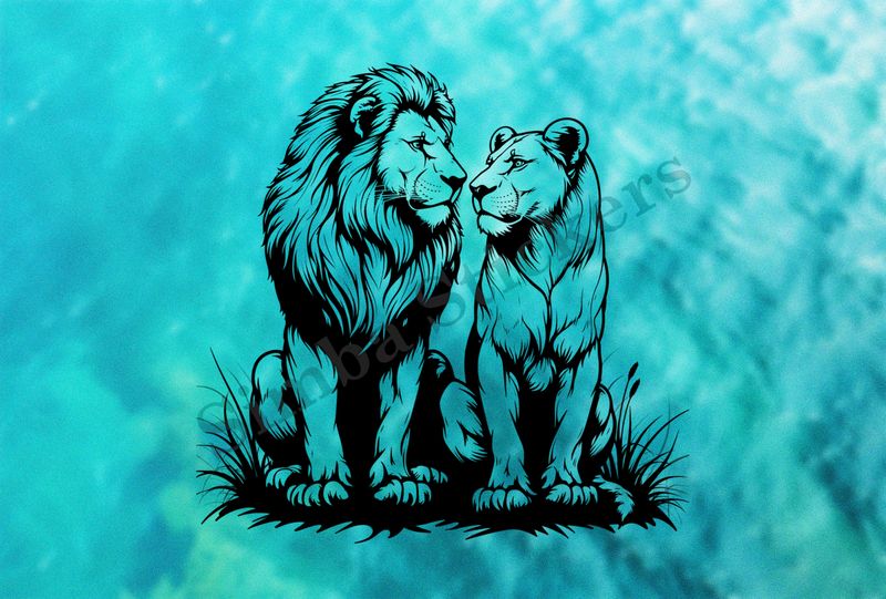 Majestic lion with lioness nose-to-nose ,  outline art