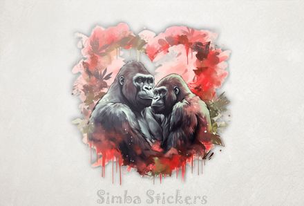 Gorillas in love in Valentine&#x27;s heart-shaped vegetation, watercolour, qqdsk0