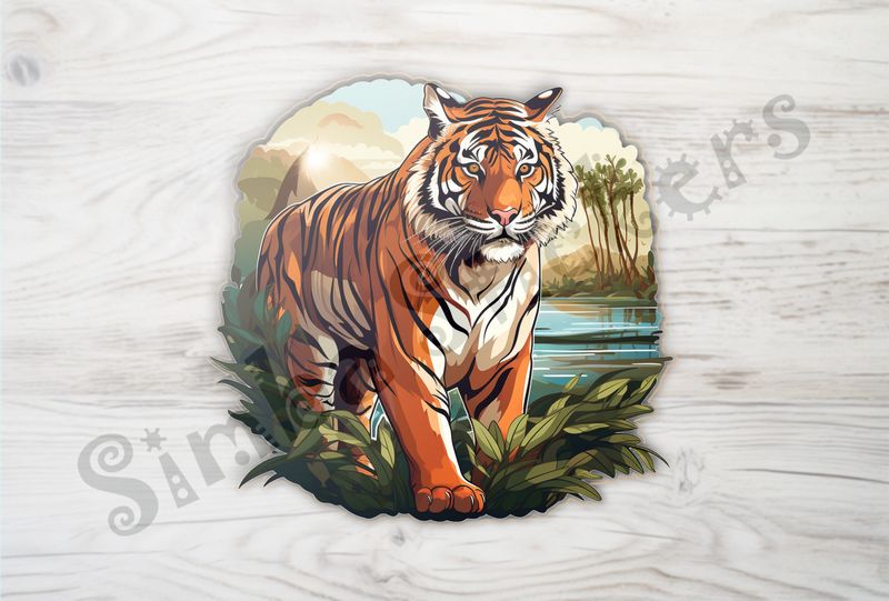 Tiger in the jungle, with a pond behind