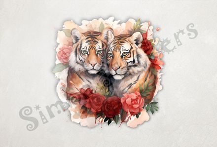 Tigers in love in rose flowers, watercolour