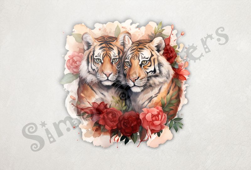 Tigers in love in rose flowers, watercolour