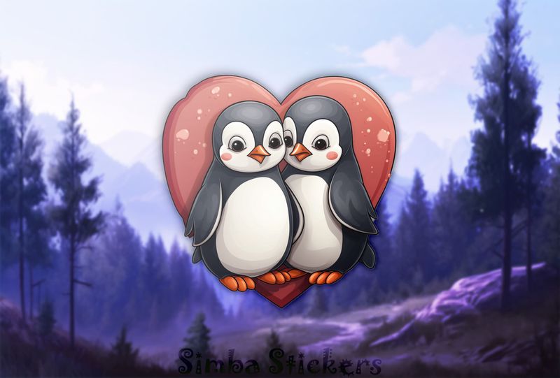 Penguins cheek-to-cheek with romantic Valentine&#x27;s heart, epucnh