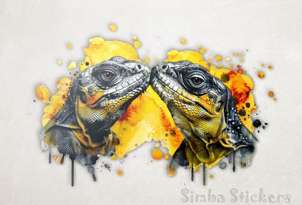 Llizards nose-to-nose in love, in front of yellow-red background, watercolour