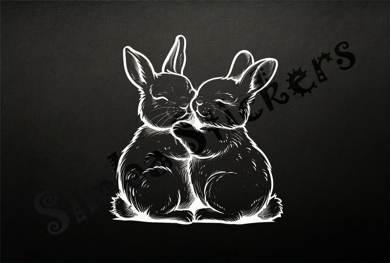 Hares cuddling arm-in-arm, outline art