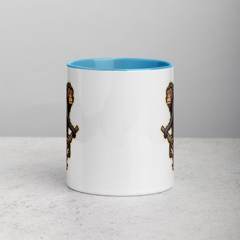 White Ceramic Mug with Color Inside, 11oz &amp; 15oz, Baboon on a tree, looking sad, head-to-head